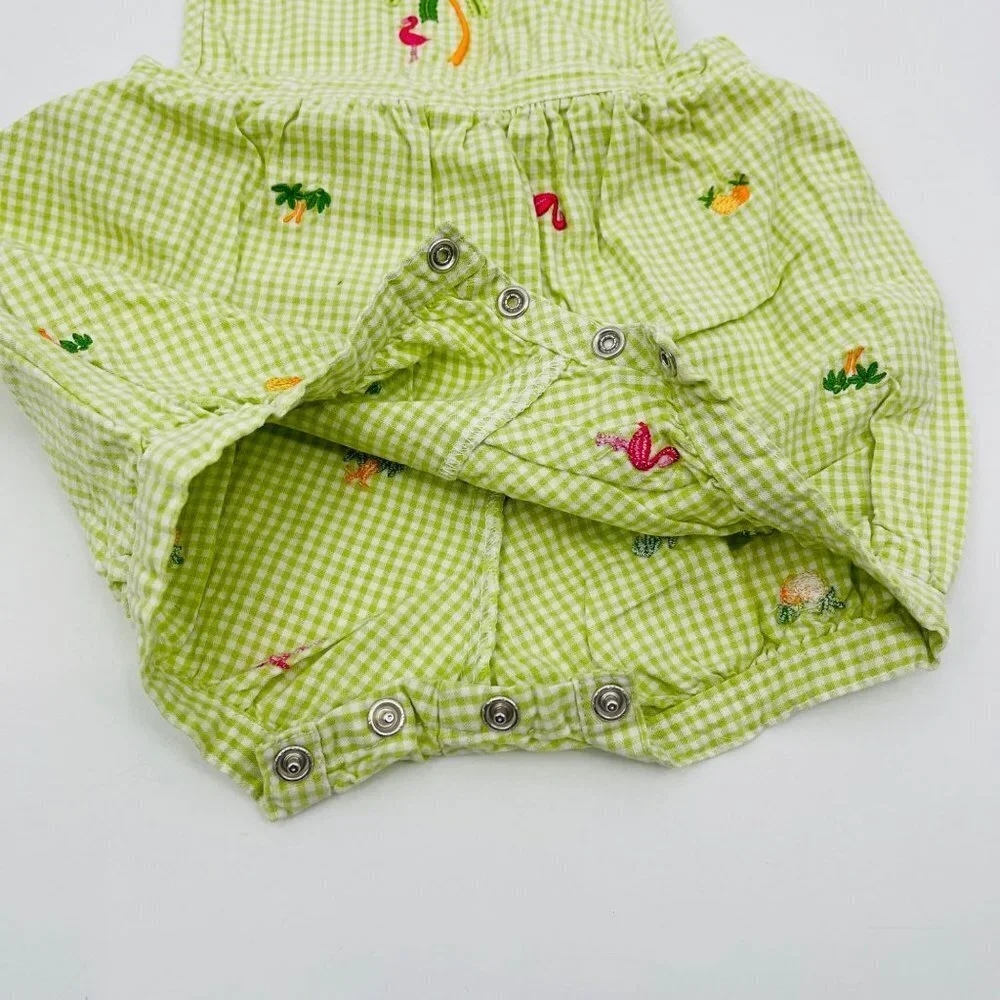 Gymboree Gingham Embroidered Romper Size 3-6 M Tropical Flamingo Palm Tree‎